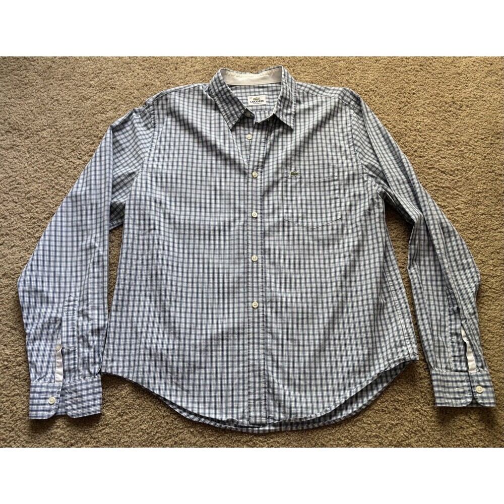 Lacoste Regular Fit Plaid Button Up Shirt Men's Size 42 Long Sleeve Blue